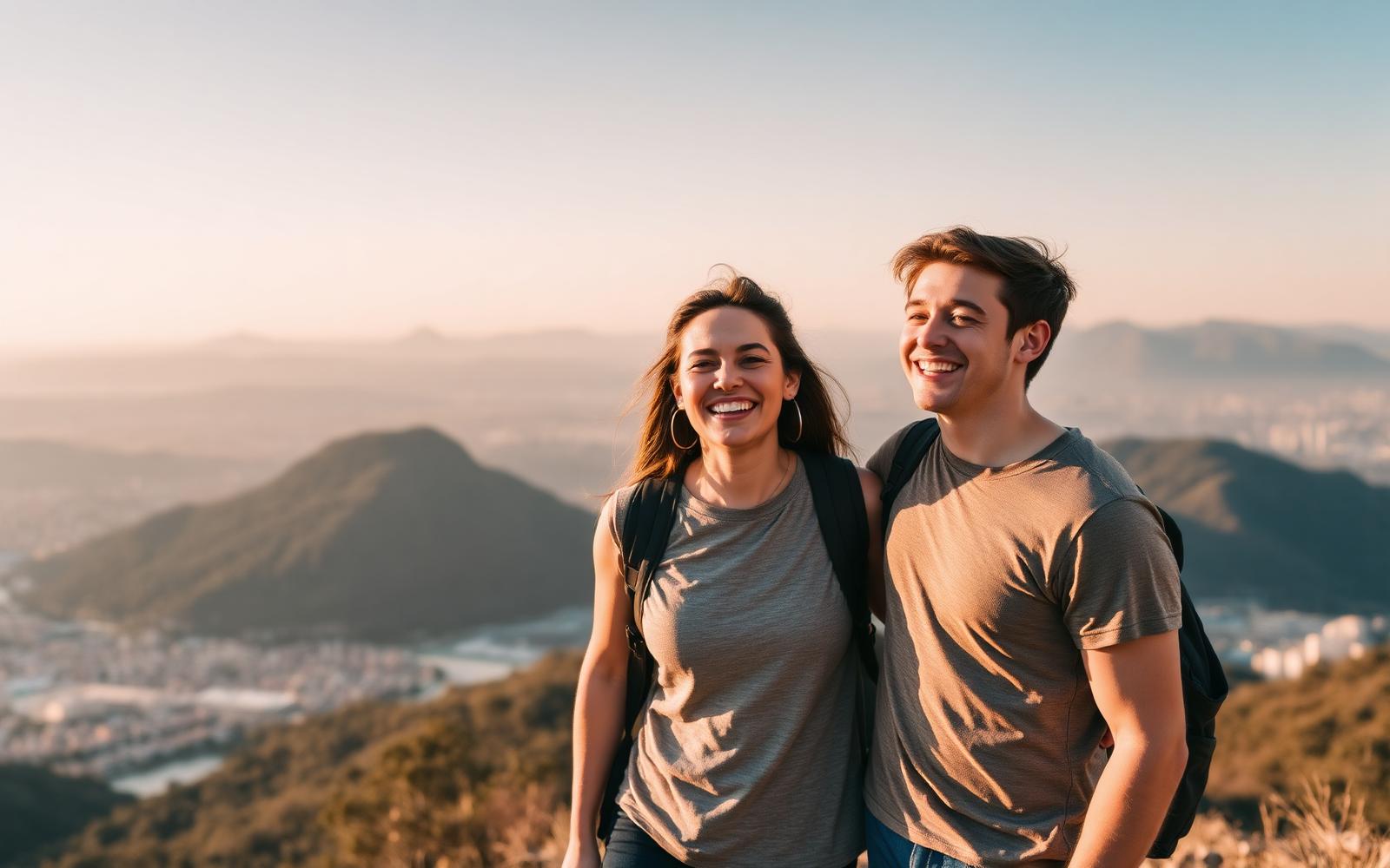 Pareja disfrutando de un viaje al atardecer sobre un mirador